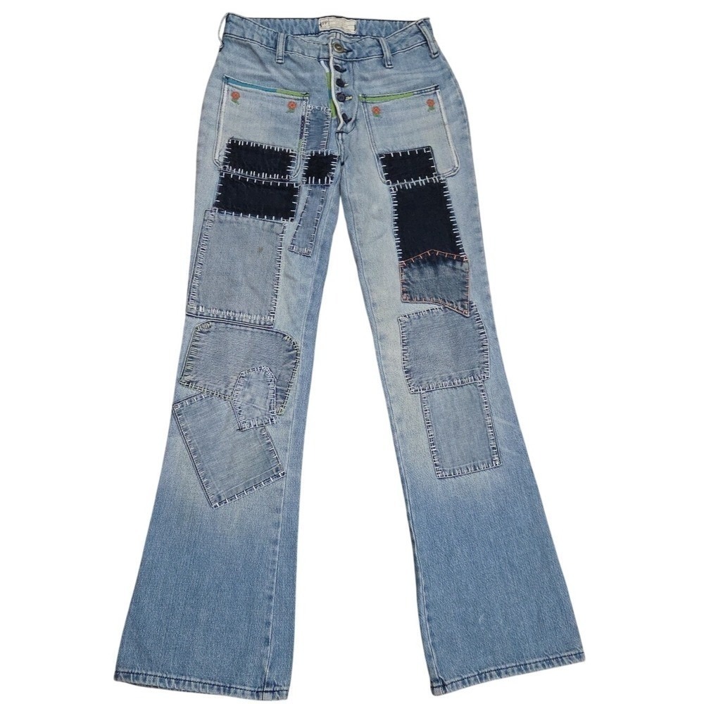 Free People Patch Flare Jeans Boho 24 Hippie Garden Retro Festival Country Blue
